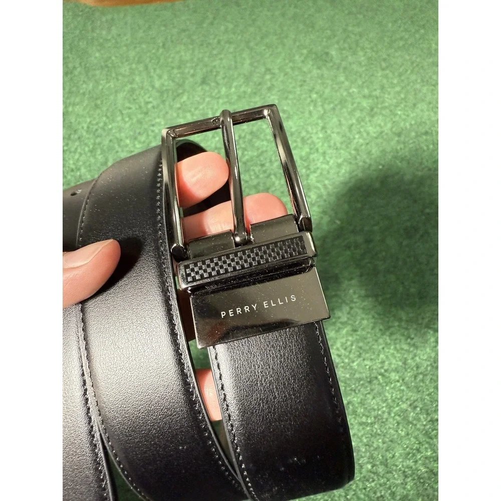 PERRY ELLIS Mens Belt Size 42 Black Brown‎ Bonded Leather Reversible